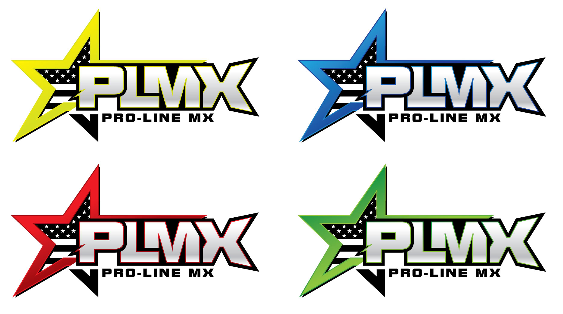 Pro-Line MX logo in four colorways — yellow, blue, red and green motocross branding designed by Web Enhance